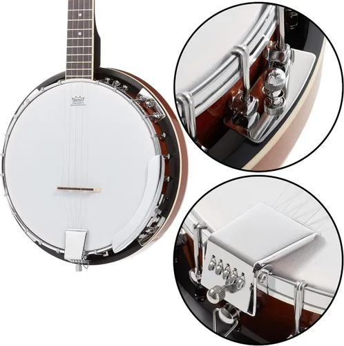 Miniatura 6 de Ashthorpe Banjo de 5 cuerdas, zurdo, tamaño completo con 24 soportes, parte trasera cerrada, resonador de caoba y sintonizador de 5 engranajes