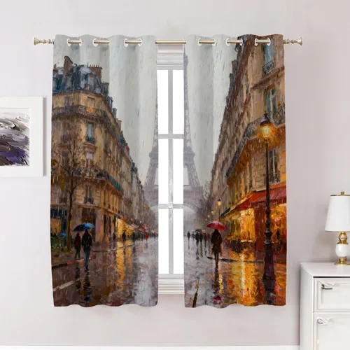 Miniatura 32 de Cortinas opacas de cocina con pintura al óleo de Europa rosa y negra para ventanas, cenefas opacas modernas de torre Eiffel de poliéster multicapa