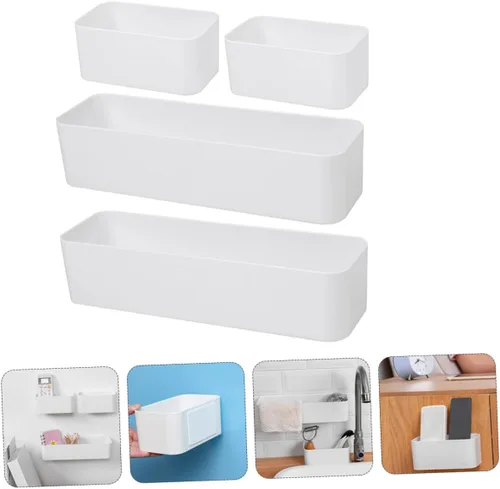 Miniatura 5 de Estante de almacenamiento montado en la pared, paquete de 4 contenedores flotantes adhesivos sin perforaciones, organizador compacto