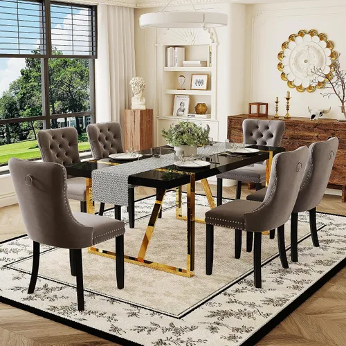 Miniatura 35 de Juego de mesa de comedor negra para 4, parte superior negra brillante de 55 pulgadas con patas de metal dorado, juego de mesa de comedor moderno