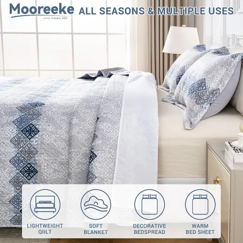Miniatura 6 de Mooreeke Colchas ultrasónicas en relieve tamaño Queen, colchas ligeras con patrón geométrico de rayas grises y azules con fundas, colcha