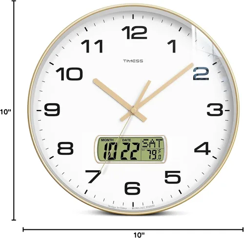 Miniatura 6 de Reloj de pared TIMESS, esfera de 10" sin tictac, silencioso, funciona con pilas, analógico con pantalla LCD para calendario perpetuo y temperatura