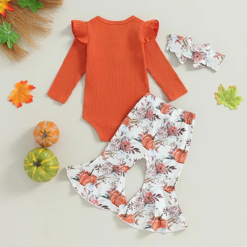 Miniatura 3 de Kuriozud Conjunto de Pantalones Acampanados para Bebé Recién Nacida Niña Mameluco con Volantes Lindo Lazo Pantalones Acampanados Diadema Ropa Linda
