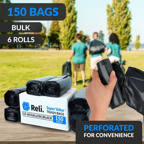 Miniatura 3 de Reli. Bolsas de basura de 55 a 60 galones resistentes 150 unidades 50-60 galones Bolsas de basura negras grandes Fabricadas en Estados Unidos