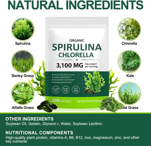 Miniatura 3 de Tiuedu Espirulina Chlorella Softgels 300 cápsulas, 17 en 1 mezcla de nutrientes verdes, cápsulas blandas de espirulina Chlorella, ricas en proteínas