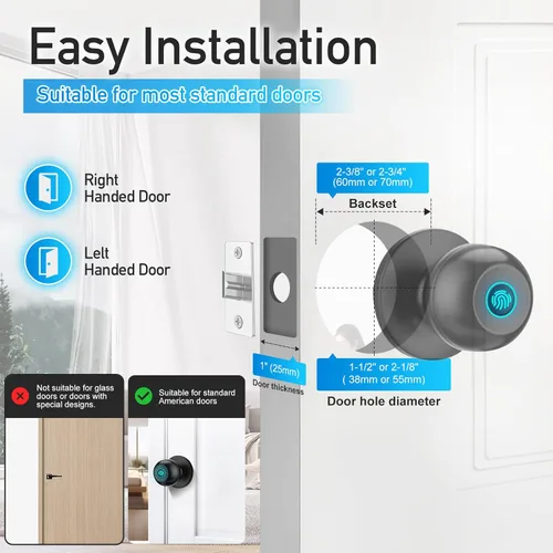 Miniatura 7 de Cerradura de puerta de huella dactilar, perilla de puerta inteligente con cerradura, cerradura de puerta biométrica con control por aplicación
