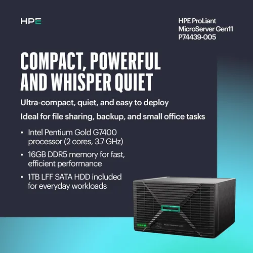 Miniatura 3 de Hewlett Packard Enterprise ProLiant MicroServer Gen11 Tower Server, procesador Intel Pentium Gold G7400, memoria de 16 GB, almacenamiento HDD de 1