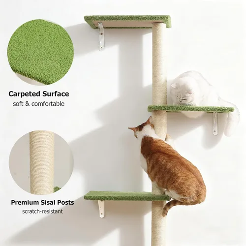 Miniatura 6 de Postes altos de rascado para gatos, árbol de gatos de 4 niveles, torre para gatitos montada en la pared, pared de escalada con alfombra para gatos
