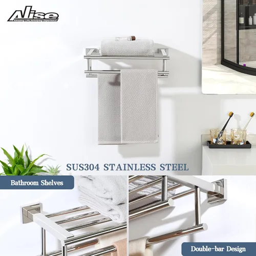 Miniatura 2 de Alise Toallero, estante para toallas con dobles barras para toallas para lavabo de baño, 16 pulgadas, SUS 304 acero inoxidable, soporte de pared