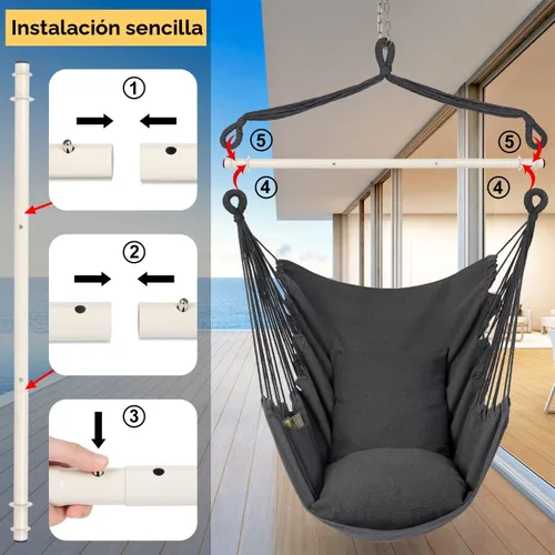 Miniatura 5 de Y- STOP Silla Hamaca Colgante Columpio de Cuerda, Máximo 500 Libras, 2 Cojines Incluidos, Silla Colgante Grande de Macramé con Bolsillo, Tejido