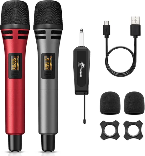 Miniatura 12 de TONOR Micrófonos inalámbricos, sistema de micrófono de karaoke UHF dual, Microfonos Inalambricos con receptor recargable, juego de micrófonos
