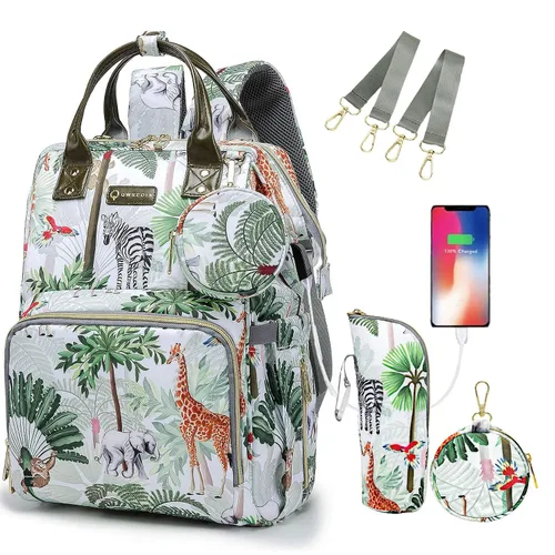 Mochila para pañales de selva tropical, mochila para pañales con diseño de animales con bolsa para monedas, puerto de carga USB, correas para Blanco