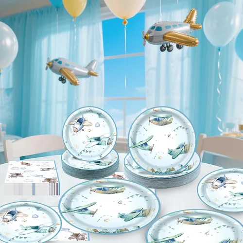 Miniatura 4 de 180 piezas de suministros de fiesta de ducha de avión, platos de papel y servilletas para servir 60 vajillas desechables para decoraciones de fiesta