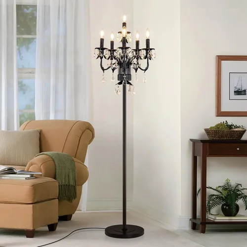 Miniatura 7 de Wellmet Lámpara de pie negra para esquina de sala de estar, lámpara de pie de granja con 6 luces, lámpara de pie alta de cristal con interruptor