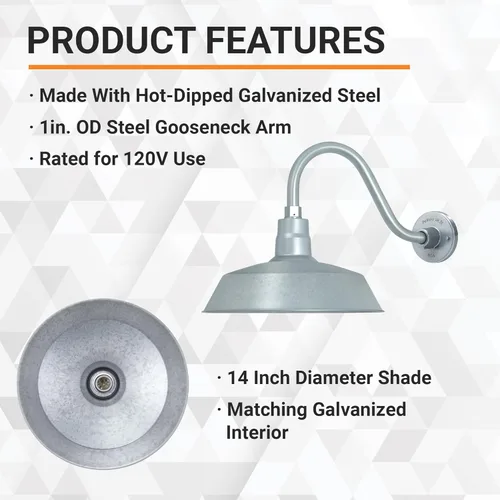 Miniatura 6 de 14 pulgadas. RLM Warehouse - Pantalla con brazo de cuello de cisne y bombilla Led A19 5000K de 9W Galvanizado (paquete de 2)