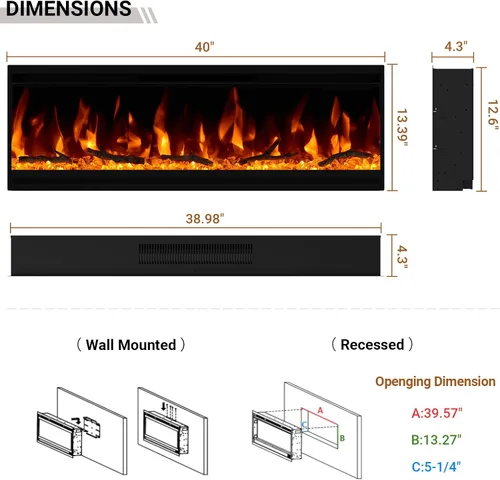 Miniatura 4 de Chimenea eléctrica de 40 pulgadas, insertos de chimenea eléctrica ultrafina, marco ultra estrecho, chimenea empotrada en la pared y empotrada