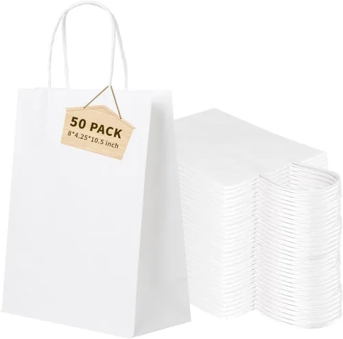 Miniatura 2 de FACEBAG 50 PCS bolsas de papel blanco con asas a granel, 8 x 4.25 x 10.5 pulgadas, bolsas de regalo blancas de tamaño mediano con asas
