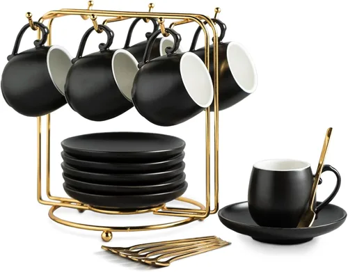LYEOBOH Juego de tazas de café expreso y platillos, taza de café de cerámica de 3 onzas, pequeñas tazas demitasses, tazas de café expreso con Negro