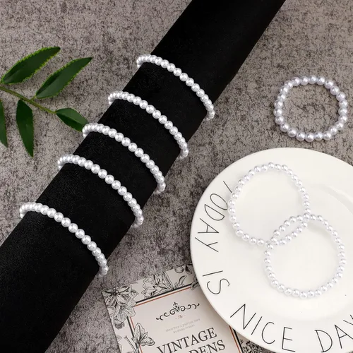 Miniatura 5 de Pulseras elásticas de perlas para mujer, bandas elásticas de perlas de imitación, pulseras apilables con cuentas blancas, ramillete