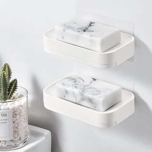 Miniatura 8 de YOHOM Jabonera adhesiva con bandeja de drenaje, barra de ducha blanca, soporte para jabón montado en la pared para baño, soporte para bandeja