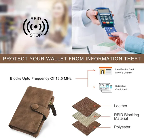 Miniatura 5 de Billeteras con bloqueo RFID para mujer, de gran capacidad, de cuero suave, cartera pequeña con correa para la muñeca, Marrón, Casual