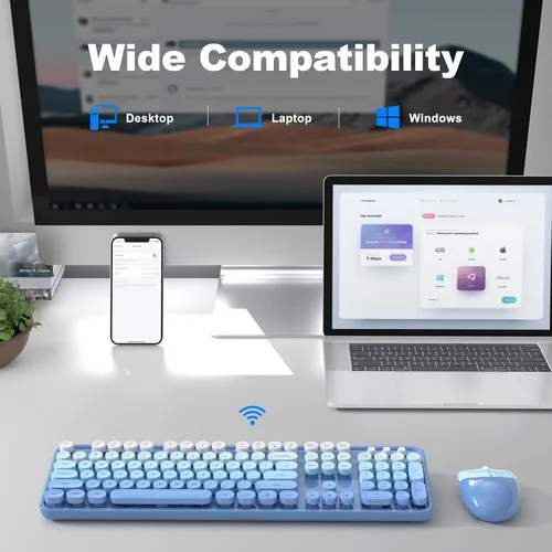 Miniatura 78 de KNOWSQT Combo de teclado y ratón inalámbrico, teclados lindos de tamaño completo estilo máquina de escribir 2.4G azul colorido - receptor USB Plug