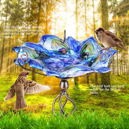 Miniatura 3 de VCUTEKA Comedero y bebedero de cristal para pájaros, para exteriores, baño de pájaros con estaca de metal, decoración de jardín Azul-2