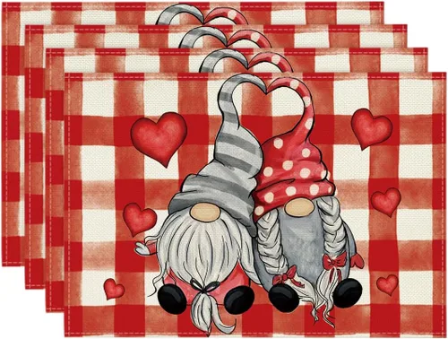 Miniatura 10 de Artoid Mode Juego de 4 manteles individuales con diseño de gnomos y corazones de San Valentín, 12 x 18 pulgadas, para boda, aniversario, primavera