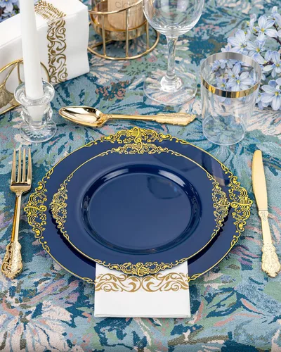 Miniatura 2 de Nervure 175 piezas de vajilla de plástico azul - Juego de vajilla de plástico azul dorado desechable incluye 50 platos para cena y postre, 25 Azul