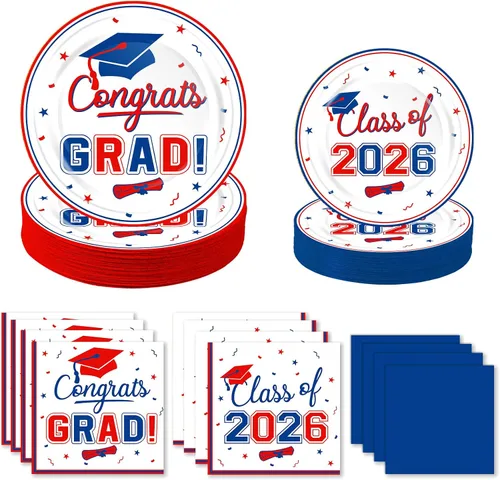 Miniatura 9 de OuMuaMua suministros de vajilla para fiesta de graduación 2026 - 200 piezas, platos y servilletas desechables azules y blancas para la decoración