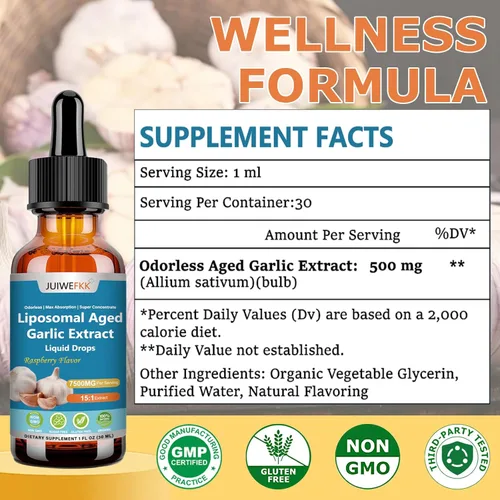 Miniatura 2 de Extracto de ajo envejecido en gotas líquidas 15:1 7500 mg Suplemento de ajo orgánico inodoro para salud cardiovascular cardíaca e inmunológica