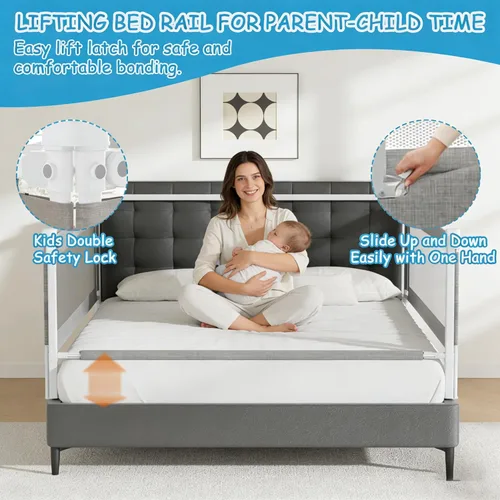 Miniatura 4 de Paquete de 3 rieles de cama tamaño Queen para niños pequeños, protector de riel de cama de bebé ajustable en altura especialmente diseñado