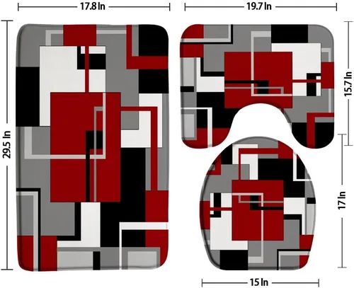 Miniatura 2 de Juego de 3 tapetes de baño geométricos rojos, negro, blanco y gris, líneas minimalistas abstractas geométricas de mediados de siglo, cubierta