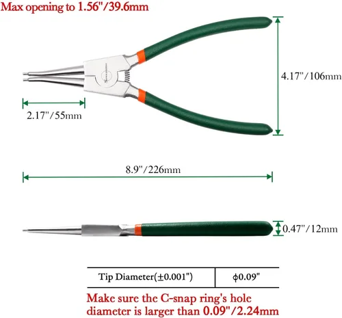 Miniatura 6 de SPEEDWOX Alicates Circlip de 9 pulgadas, diámetro de punta de 0.09 pulgadas, alicates de anillo de presión externos, alicates de anillo de retención
