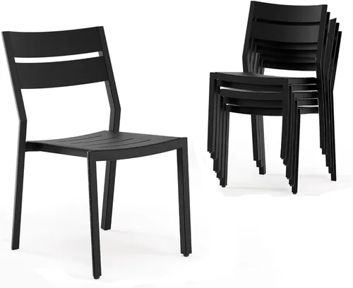 Miniatura 14 de Pellebant Juego de 2 sillas de comedor apilables para exteriores, sillas de patio de aluminio con brazos, para todo tipo de clima, para jardín, Negro