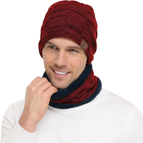 Miniatura 5 de Conjunto de gorro de invierno para hombre, gorro de punto cálido, gorro de calavera, calentador de cuello con forro polar grueso, gorro de invierno