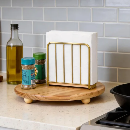 Miniatura 3 de Servilletero moderno de granja para mesa, base de madera maciza pesada con diseño de metal, dispensador vertical de servilletas para encimera