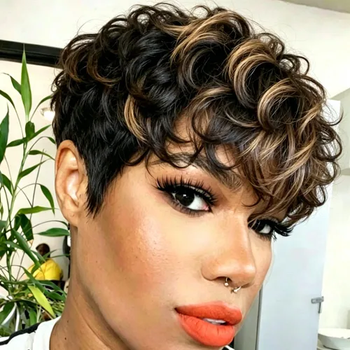 Miniatura 7 de Pelucas cortas de corte Pixie para mujeres negras, pelucas de corte Pixie con flequillo, negro mezclado con marrón, pelucas rizadas cortas