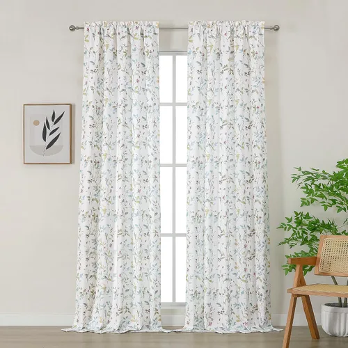Miniatura 29 de Chyhomenyc Cortinas de mezcla de lino de 63 pulgadas de largo, 2 paneles de cortina con estampado floral filtrante de luz para sala de estar