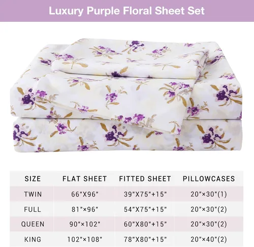 Miniatura 42 de Viviland Juego de sábanas de 3 piezas con estampado botánico de mariposas y flores rosas y moradas, sábanas de microfibra suave y transpirable