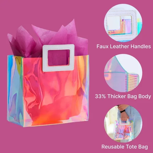Miniatura 4 de Bolsa de Regalo Holográfica Grande con Papel de Seda Reutilizable, Bolsa de Regalo de Cumpleaños para Mujeres y Niñas, Iridiscente, Despedida de L