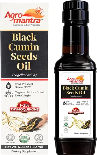 Agro Mantra Aceite de semilla de comino negro orgánico USDA (Nigella Sativa), prensado en frío, 6.08 onzas líquidas, puro y sin refinar