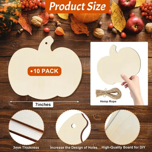 Miniatura 7 de Grandes Adornos de Madera de 17.78 cm para Halloween y Acción de Gracias para Pintar, Adornos de Discos de Calabaza de Madera en Blanco Sin Acabar