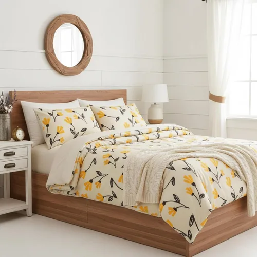 DaDa Bedding - Juego de funda de edredón floral de flores amarillas, naranja dorado, tulipanes brillantes, flores de jardín botánico, marfil, beige,