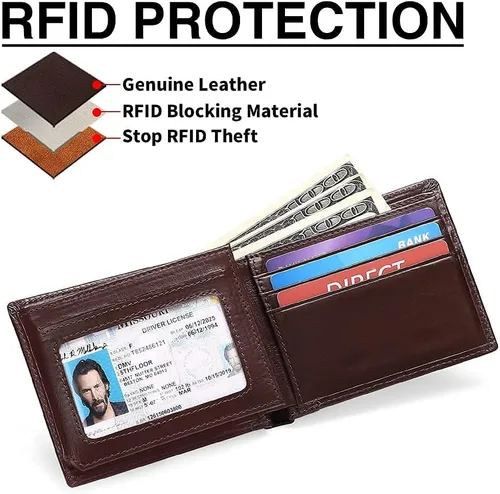 Miniatura 2 de SENDEFN Billeteras para hombre de cuero genuino con bloqueo RFID, tarjetero plegable, A-Marrón, Retro