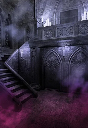 Miniatura 8 de AOFOTO Telón de fondo de 3 x 5 pies con diseño de castillo de estilo gótico sombrío para fotografía, habitación aterradora, noche de Halloween