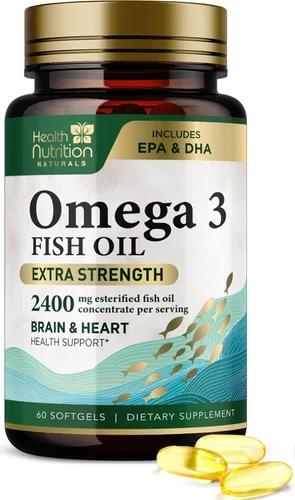 Suplementos de aceite de pescado Omega 3 – 2400 mg de aceite de pescado por porción – Omega-3 de triple fuerza con ácidos grasos EPA y DHA – Apoyo