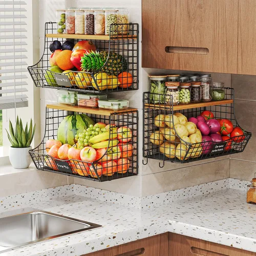 Miniatura 3 de Cesta de Frutas Extra Grande para Cocina con Tapa de Madera y Placa de Identificación – Contenedor de Almacenamiento de Cebolla y Papa Montado