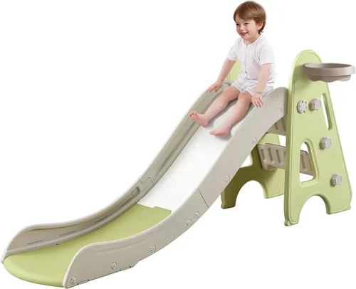 Miniatura 9 de Tobogán de interior para niños de 1 a 7 años, 3 en 1, juego de escalador para niños, plegable para niños pequeños con aros de baloncesto y pelota