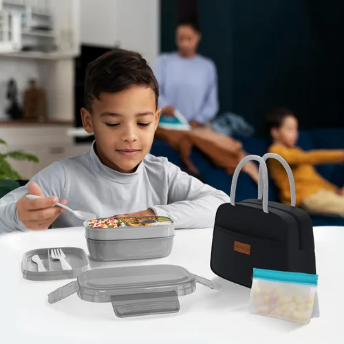 Miniatura 6 de JBGOYON® Juego de lonchera Bento, 3 recipientes apilables para adultos y niños, incluye bolsa de almuerzo, a prueba de fugas y sin BPA, juego